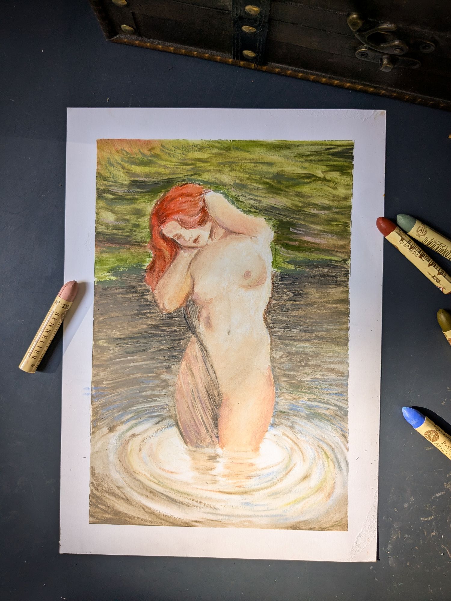 femme nue dans l'eau dessin aux pastels