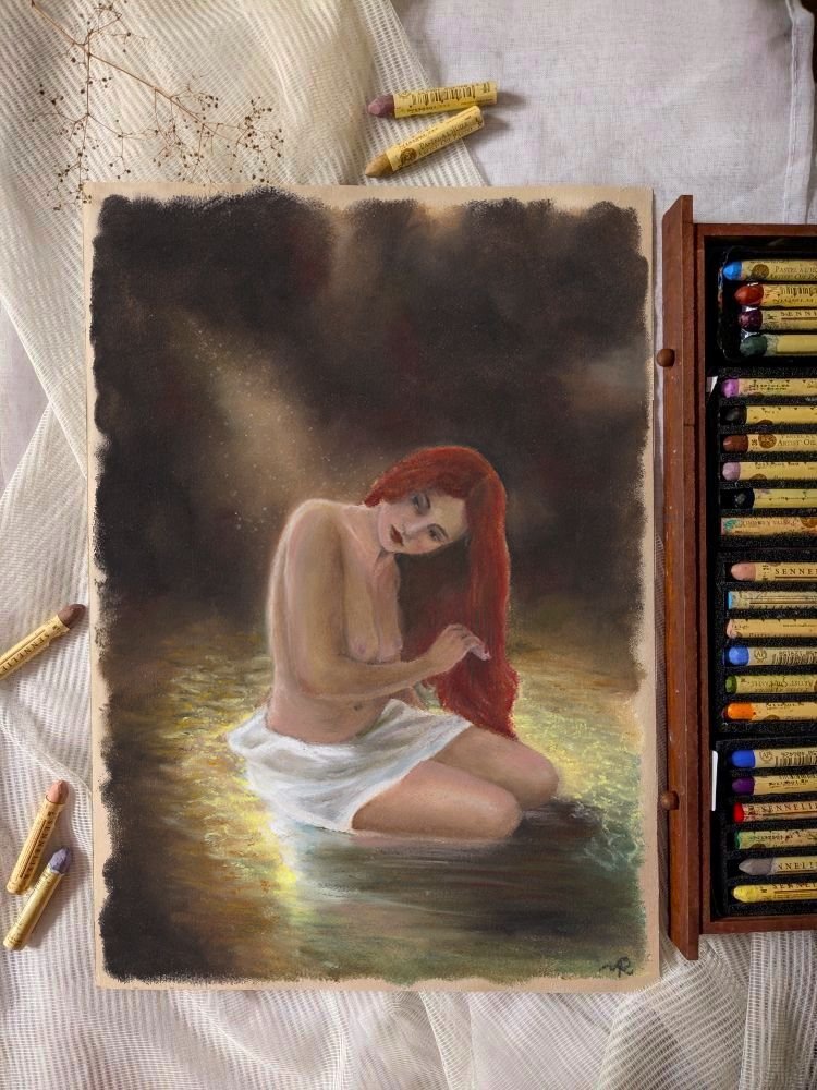 dessin d'une Naïade réalisé aux pastels à l'huile. Affiches en édition limitées